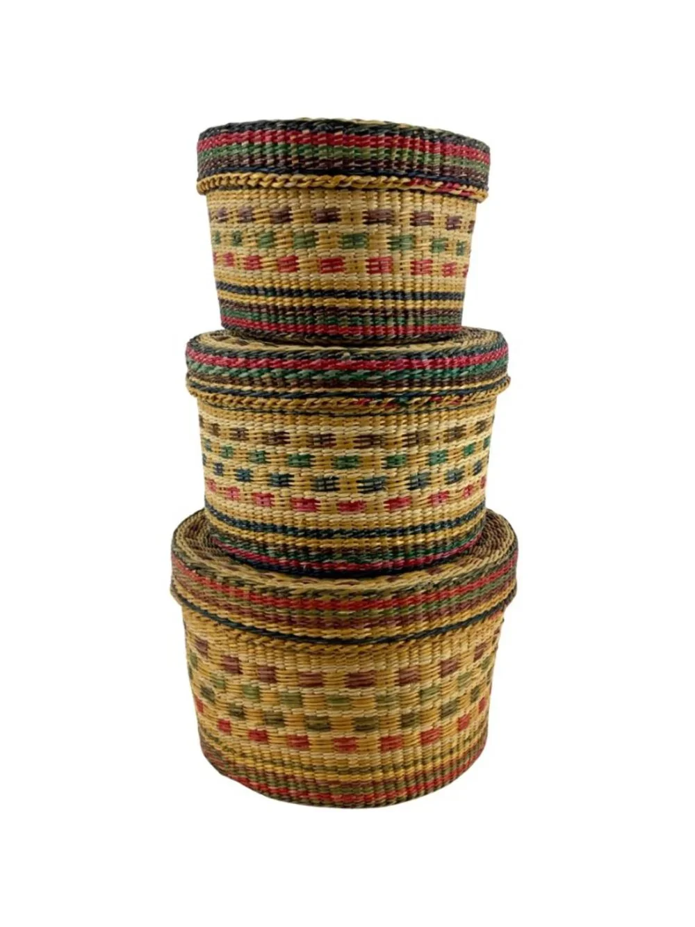Set Of 3 Round Woven Straw Storage Baskets With Lids Multicolor Made In China